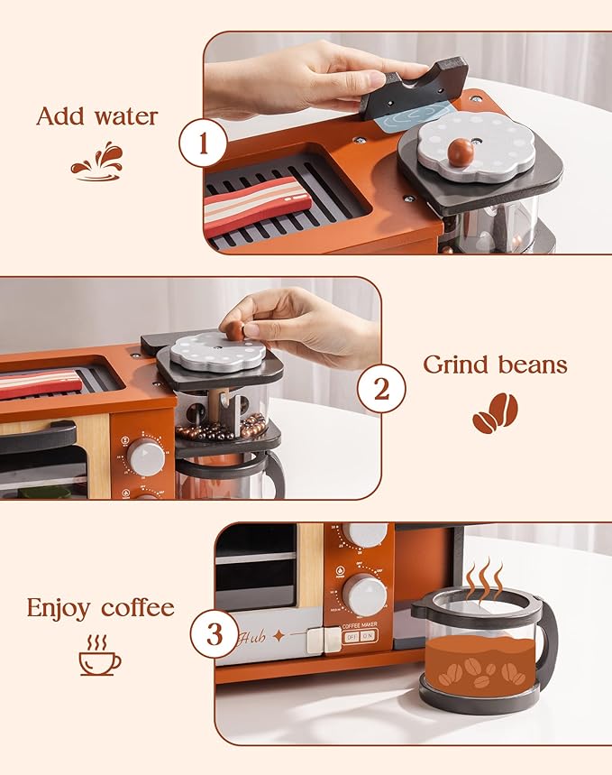 ROBOTIME Play Kitchen Toys Accessories - Wooden Breakfast Machine Kitchen Toy for Kids with Coffee Maker and Pretend Play Food Sets - Kitchen Playset Appliances Toy for Toddlers (Caramel)
