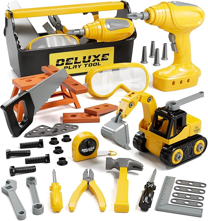 Lehoo Castle Kids Tool Set with Electric Toy Drill ＆ Tool Box ＆ Take Apart Construction Toys, Pretend Play Tool Set for Toddlers 3-5, Montessori Tool Box for Boys Girls
