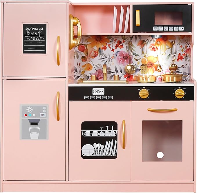 Wooden Play Kitchen Toy Set with Light, Kids Children Pretend Toy Kitchen Playset, Sink Play Toy Oven with Microwave,Toddler Cooking Set Toy for Ages 3+Baby Girls Boys (Pink)