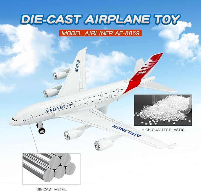 OTONOPI Airplane Toy Plane Die Cast Metal Pull Back Model Plane Toy Airlines with Lights and Sounds for Kids Toddlers Boys and Girls Age 3-12+ Birthday Gift (Airlines AF-8869)