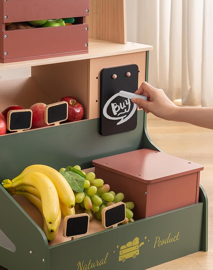 ROBOTIME Wooden Grocery Store Playset, Kids Play Store, Starlight Market Kitchen Playset Stand- Realistic Pretend Play Set with Lights, Chalkboard, Gift for Boys Girls 3+