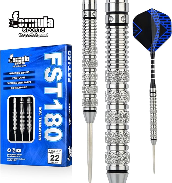 Formula Sports 90% Tungsten Darts Metal Tip Set 21g/22g/23g/24g, Professional Steel Tip Darts Set with Aluminum Shafts, Tungsten Barrels, Extra Flights, Dart Sharpener, Gift Box