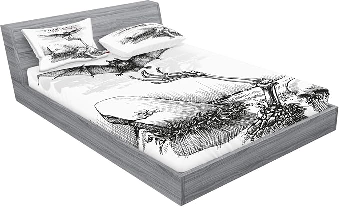 Ambesonne Halloween Fitted Sheet & Pillow Sham Set, Dead Skull Skeleton Out of The Grave and Flying Bat Hand Drawn Spooky Picture, Decorative Printed 3 Piece Bedding Decor Set, King, Black Ecru