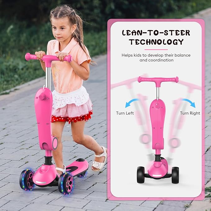 Kids Kick Scooter,Adjustable Height Handlebars and Removable Seat Scooters for Kids,3 Lighted Wheels Anti-Slip Deck Toddler Scooter for Boys & Girls Aged 3-12 up to 132 Lbs.