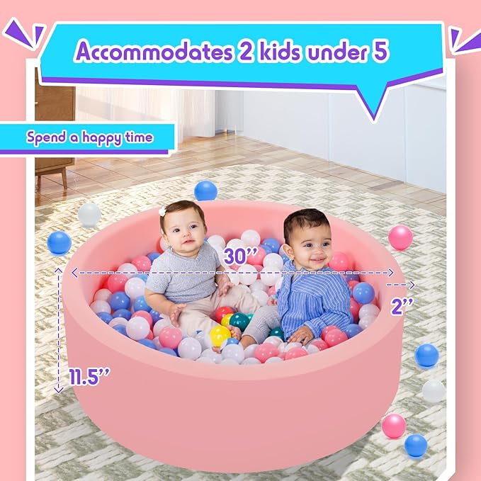 Foam Ball Pit for Toddlers with 100 Balls, Large Baby Ball Pit for Babies with Soft Memory Sponge, Indoor Outdoor Baby Playpen, Kids Play Ball Pool (Pink with 100 Balls, 34 x 11.5 Inch)