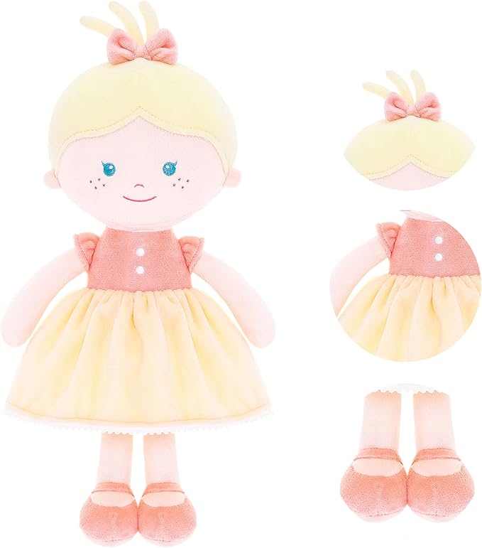 Onetoo Soft Baby Doll for Girls - Plush Rag Doll Sleeping Cuddle Buddy - Yellow Dress, 14"
