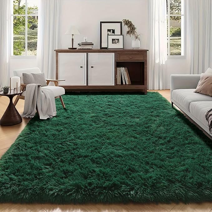 PAGISOFE Fluffy Shag Area Rug for Living Room, 5x8 Ft, Fluffy Shag Fuzzy Carpet Shaggy Rugs for Boys Bedroom, Soft Fuzzy Emerald Green Rugs for Kids Boys Baby's Room Decor Aesthetic, Dark Green
