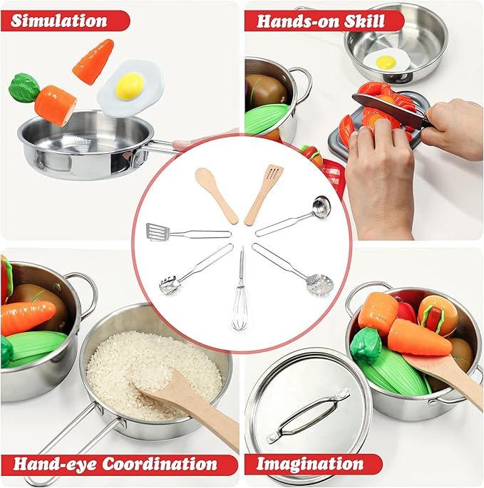Kids Pretend Play Kitchen Toys Accessories Set, 32 Items Stainless Steel Toy Pots and Pans Sets w/ Rack Organizer, Metal Cooking Utensils & Apron, Play Food w/ Basket for Kids Girls Boys Toddlers