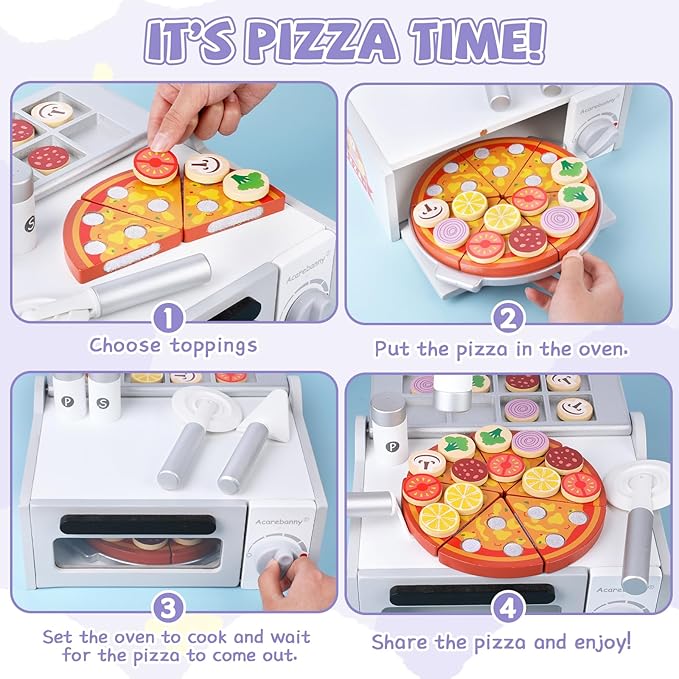 Wooden Pizza Toy for Kids, Toddlers Pizza Counter Playset, Pretend Play Food Set Kitchen Accessories with Bake Oven, Gifts for 3 4 5 6 Years Old Boys Girls