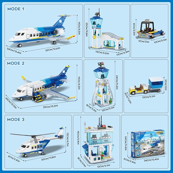 City Passenger Airplane Building Set, 711 PCS 3 IN 1 Plane Building Blocks Kit with Airport Terminal, Radar Tower, Luggage Truck, Planes Model Toys Gift for Boys Girls Kids 6 7 8 9+ Years Old