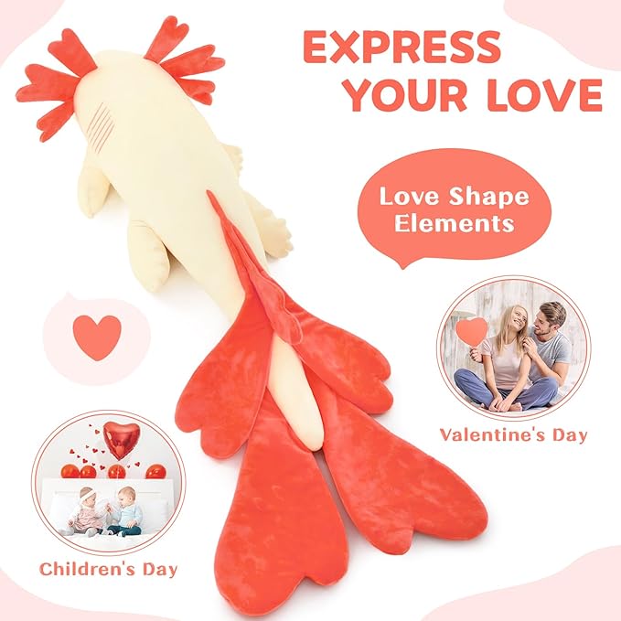 Axolotl Stuffed Animals Long Body Throw Pillow, Giant Love Heart Salamander Plush Bolster Body Pillow, Christmas Birthday Valentines Gift for Sider Sleeper Kids Girls Boys Adults