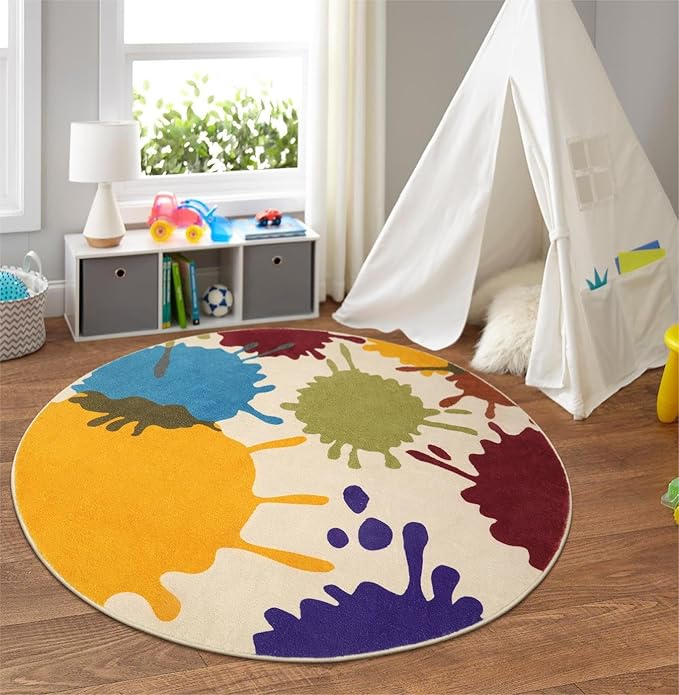 STARUIA Art Round Rug for Playroom, 4'x4' Colorful Kids Rug for Nursery, Non-Slip Soft Circular Office Carpet for Preschool Dorm