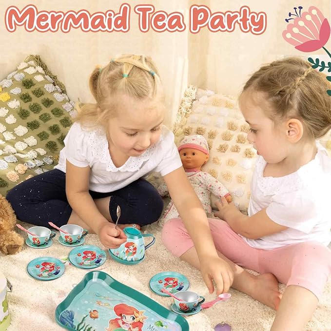 Mermaid Tea Party Set for Little Girls, Kids Party Set Toys for 3 4 5 6 Year Old Girls, Pretend Toy Tin Tea Set & Carrying Case, Princess Tea Time Kitchen Play Toys, Birthday Gifts for Girls