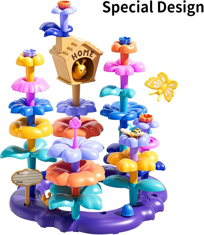 TEMI 165 PCS Flower Garden Building Toys for Toddler, Educational STEM Toy and Preschool Garden Play Set for Toddlers 3 4 5 6 7 Year Old Kids Boys Girls, Flower Stacking Toys for Kids Age 3-8