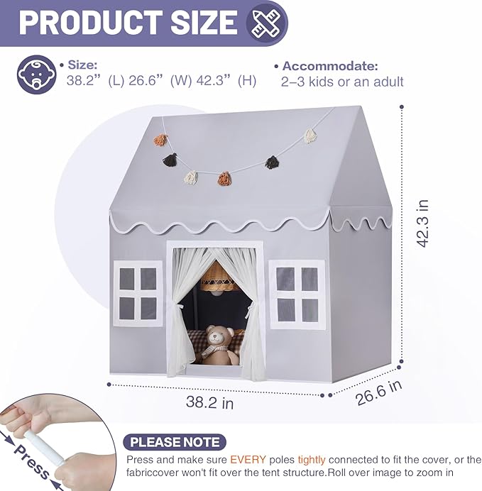 Kids Play Tent Indoor: Mat, Tassel Garland, Star Lights - Gray Girl Tent Playhouse for Toddlers Kids Toys for Boy Girl Birthday Gift