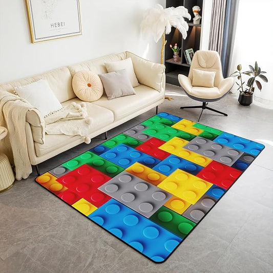 Colorful Toy Area Rug 3x5, 3D Building Blocks Pattern Rug, Kids Boys Toy Bricks Carpet for Living Room, Fun Brick Gradient Rainbow Non Slip Washable Decorative Rug, Red Yellow Blue Grey