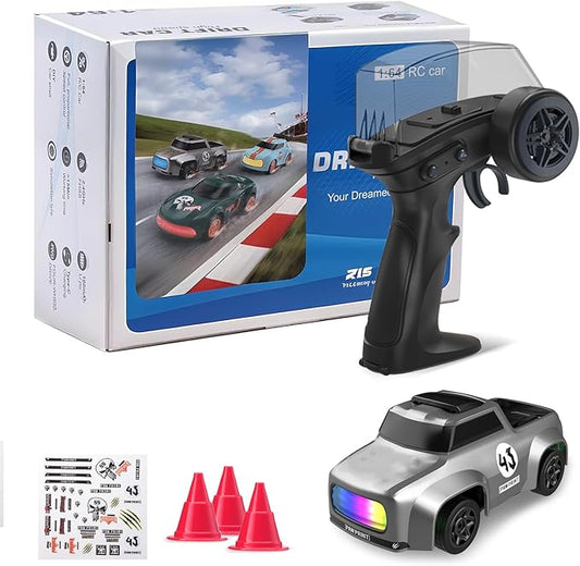 RC Drift Car 1/64 Scale Mini RC, 2.4Ghz Micro Turbo Racing 4WD Desktop Remote Control Rally Car with LED Lights for Adults Kid Toys Gift (Matte Gray Concept Model)