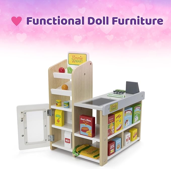 Playtime by Eimmie 18 Inch Doll Furniture Grocery Store Set - Wooden Playset with 25+ Accessories, Fits American, Generation, My Life & Similar 14”-18” Dolls