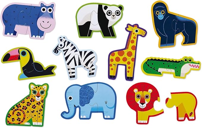 Crocodile Creek Let’s Begin Puzzle - Ten 2-Piece Beginner Puzzles for Ages 2 and Up - Heavy-Duty Storage Canister with Handle - Colorful Jungle Design - Each Puzzle is 6" L x 4" H Finished