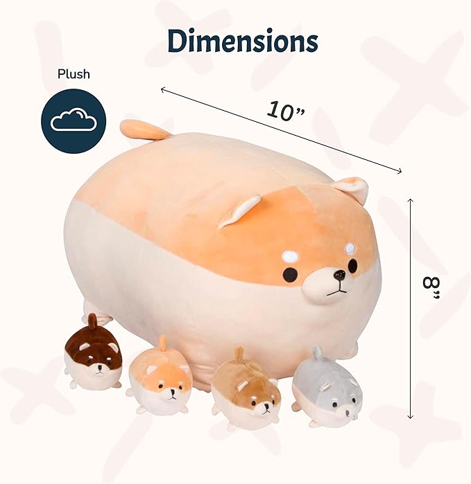 PixieCrush Stuffed Dog Toy - Cute Plushies Shiba Inu Mommy with 4 Puppies - Adorable Plush Pillow for Imaginative Play - Puppy Surprise Soft Animal Toy Set for Girls - Stuffed Animals for Ages 3-8