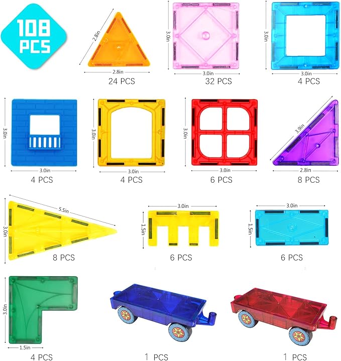 Magnetic Tiles Building Blocks, 108 PCS Magnetic Blocks Buliding Tiles Set, Magnetic Building Blocks with 2 Cars, Preschool Educational Magnetic Toys Stem Toys for Kids 3, 4-8