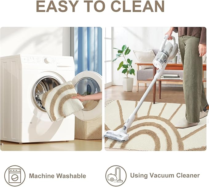 OJIA Boho 4'X6' Washable Rug, Cotton Tan Bedroom Rug Bohemian Area Rugs for Living Room/Kids Room, Tufted Sun Rug Nursery Rug Modern Farmhouse Floor Carpet for Bedside/Dorm