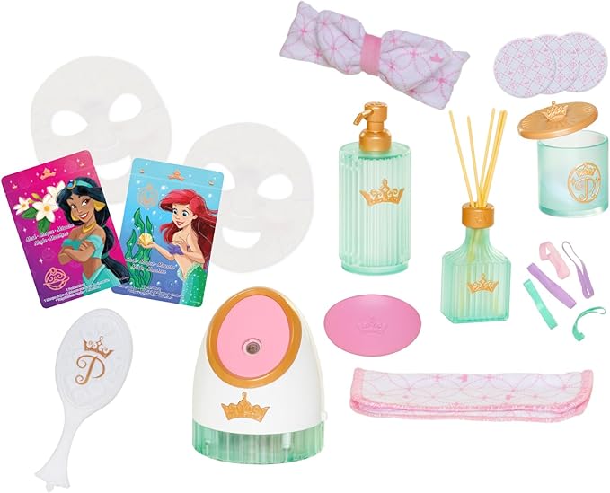 Disney Princess Style Collection Girls Deluxe Day Spa with Realistic Steamer, Play Skincare Essentials & Real Running Water, 20+ Pieces