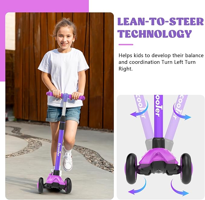 Kids Scooter,LED Lighted Wheels and 3 Adjustable Height Handlebars Scotters for Kids 3-12,3 Wheel Toddler Kick Scotter for Boys & Girls up to 132 Lbs.