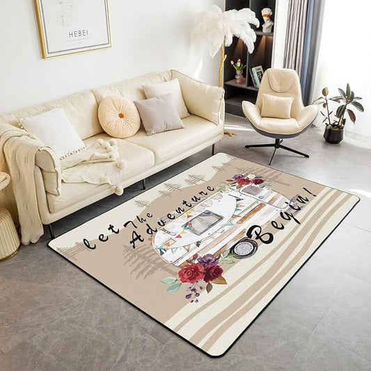 Erosebridal Camper Adventure Area Rug 3x5 RV Car Rug for Adults Men Women Cartoon Spring Flowers Mountain Travel Carpet Retro Brown Abstract Botanical Non Slip Accent Rug