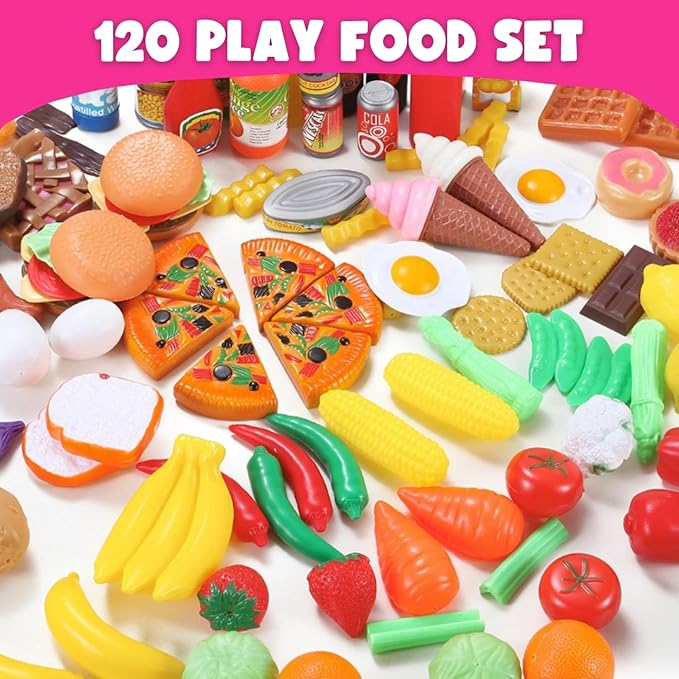170 PCS Pretend Play Food Toys for Kids Kitchen - BPA-Free Mini Kitchen Accessories and Plastic Fake Food Toys with Veggies, Fruits, Pizza - Imaginative Play Set for Toddlers, Boys, Girls