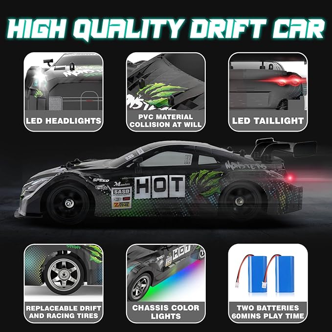 RC Drift Car 1:16, 2.4GHz 4WD Drifting RC Cars 30+KM/H High Speed Remote Control Car with LED Lights Two Batteries and Drift Tires, Race car for Adults Boys Kids, Black