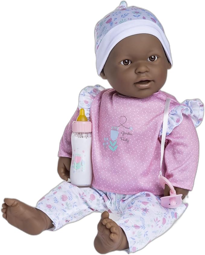 JC Toys La Baby African American 20-inch Small Soft Body Baby Doll La Baby | Washable |Removable Pink Floral w/Hat, Pacifier & Magic Bottle | for Children 12 Months +