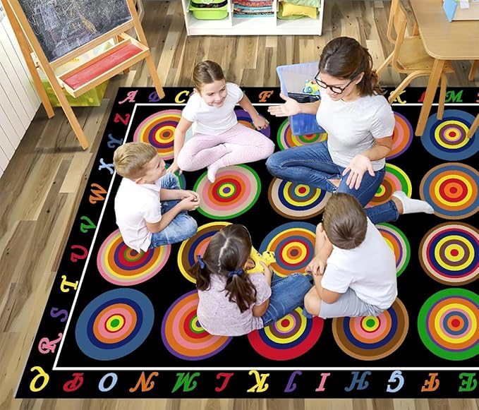 HUAHOO Small Classroom Rug Black Elementary Preschool Learning Carpet Seating Rug for Kids Room with Non-Slip Backing, 5' x 7'6", Rainbow Circles Black