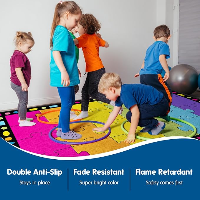 Booooom Jackson Large Colorful Puzzle Area Rug - 7'5"x13' with Non-Slip Backing - School Classroom 24 Seating Elementary Carpet