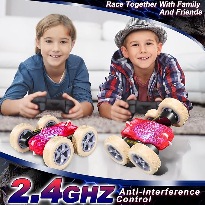 Remote Control Car 2.4GHZ All Terrain RC Monster Cars for Boys Girls Age 4-7 Double Sided 360° Rotation RC Stunt Cars with Light Dinosaur Toys for Kids 5-7 Chrismas Birthday Gifts