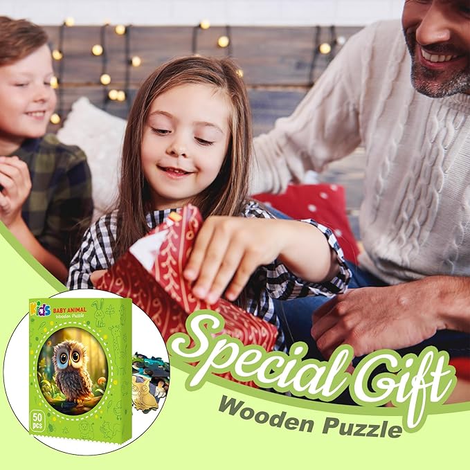 Easter Gifts for Kids Girls Boys, Easter Basket Stuffers, Wooden Jigsaw Puzzles for Kids Ages 4-6, 50 Piece Unique Shape Animal Theme Puzzle - Preschool Learning Educational Toys for Kid 3+ (owl)