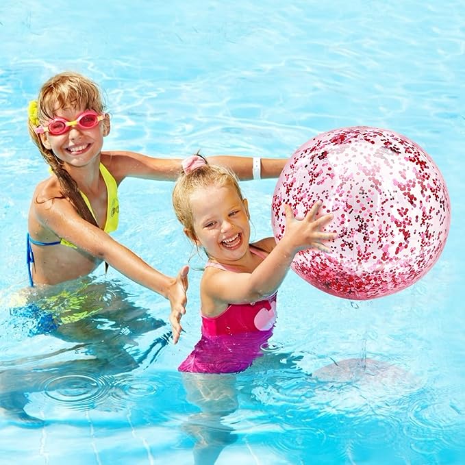 12 Pack Inflatable Beach Balls Bulk 16" Pink Glitters Pool Toys Balls for Pool, Beach, Summer Pool Party - Swimming Pool Game Water Beach Toys Kid Party Favor Decorations Summer Blow Up Beach Ball
