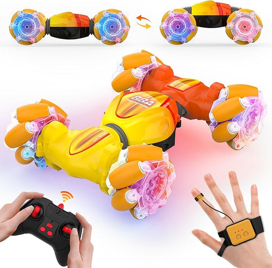 Gesture Sensor RC Cars, Hand Controlled Stunt Remote Control Car Toys for 6-12 yr Kids Boys, 2.4GHz 4WD Double Sided RC Twist Car with Lights Music, Birthday Xmas Gifts for Boys Girls, Yellow
