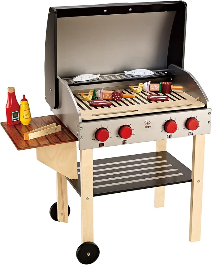 Hape Wooden Gourmet Grill and Shish Kabob| Pretend Playset Cooking Sets with Play Food for Kids