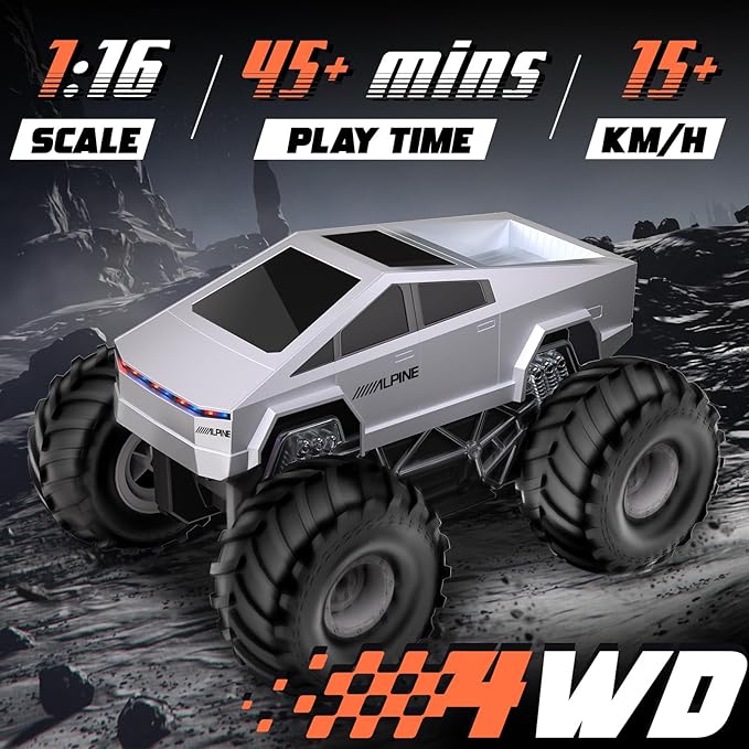 1:16 RC Car - 2.4 GHZ Remote Control Car with LED Light and Loadspace, 4WD All Terrain Waterproof Off-Road Cybertruck Toys, Electric Vehicle Toys for Kids, Gifts for Kids, Boys and Girls