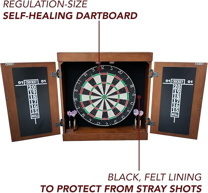 Hathaway Farmington 18-in Bristle Dart Board and Cabinet Set – Includes Self Healing Sisal Board, Rotatable Number Ring, Chalk Scoreboards & Steel-Tip Darts - Complete Dart Accessories - Walnut