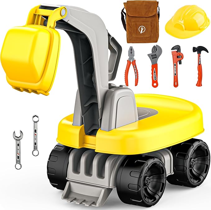 BELLOCHIDDO Ride-On Excavator Toy with Safety Helmet & Tool Kit - Toddler Beach Toy Sand Play Set Kids Excavator, Pretend Construction Set with Tools, Outdoor Learning Toys for Boys Girls