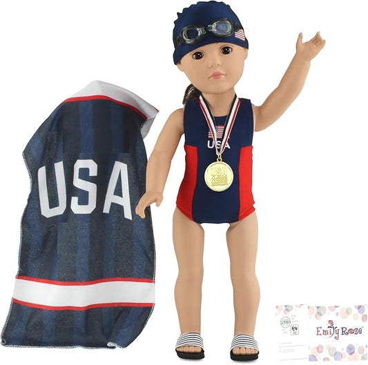 Emily Rose 18-Inch Doll Clothes 6-Piece USA Competition Bathing Suit Swimsuit and Accessories, Including Medal & Goggles | Gift Boxed! | Compatible with 18" American Girl Dolls | Doll Not Included