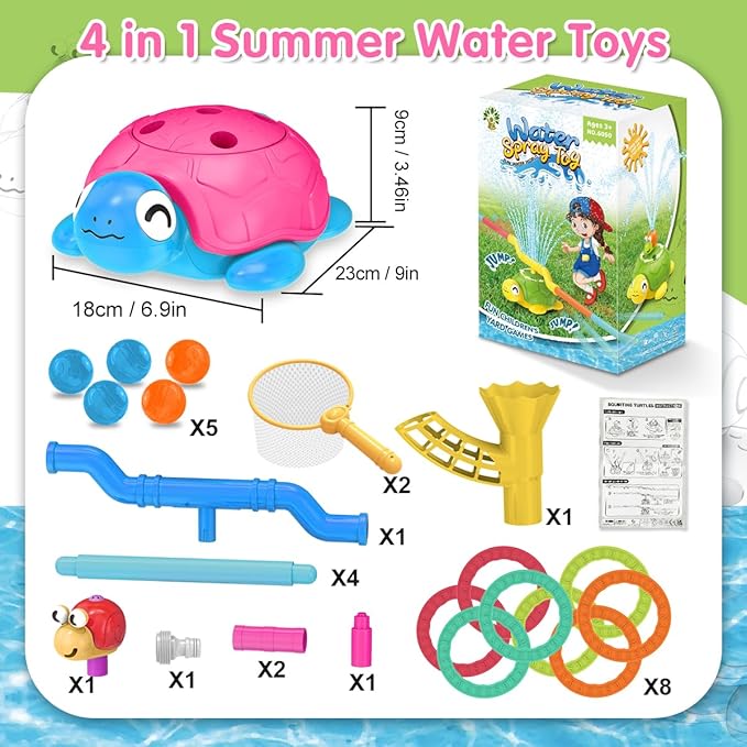 4-in-1 Turtle Water Sprinkler for Kids Summer Toys, Outdoor Toys for Toddlers, Kids Sprinkler Water Toys, Backyard Games for Summer Fun, Backyard Games Splash Water Toys Gifts for Boys Girls Dogs