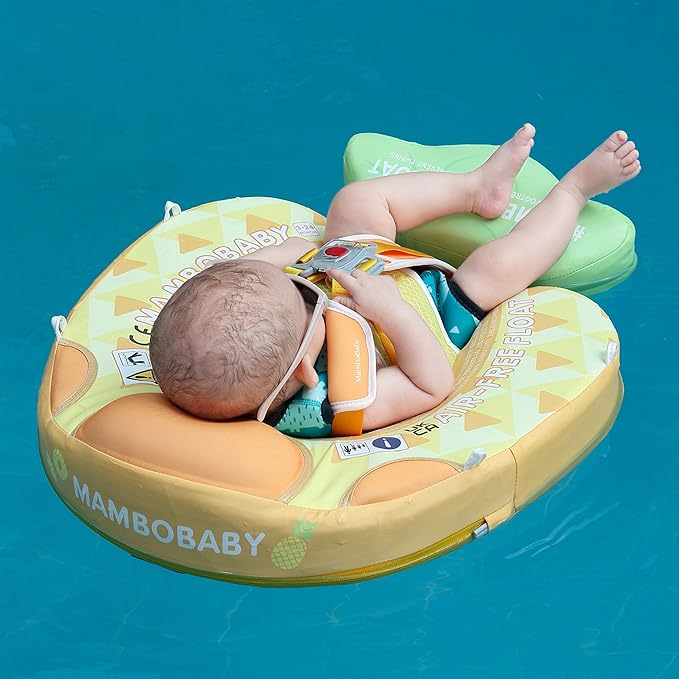 Mambobaby Float Add Tail Baby Swim Float with Canopy Solid Pool Infant Swim Trainer Swimming Training Lying Air Free Water Floats Non-Inflatable Waist Swim Ring for Toddlers (Pineapple)