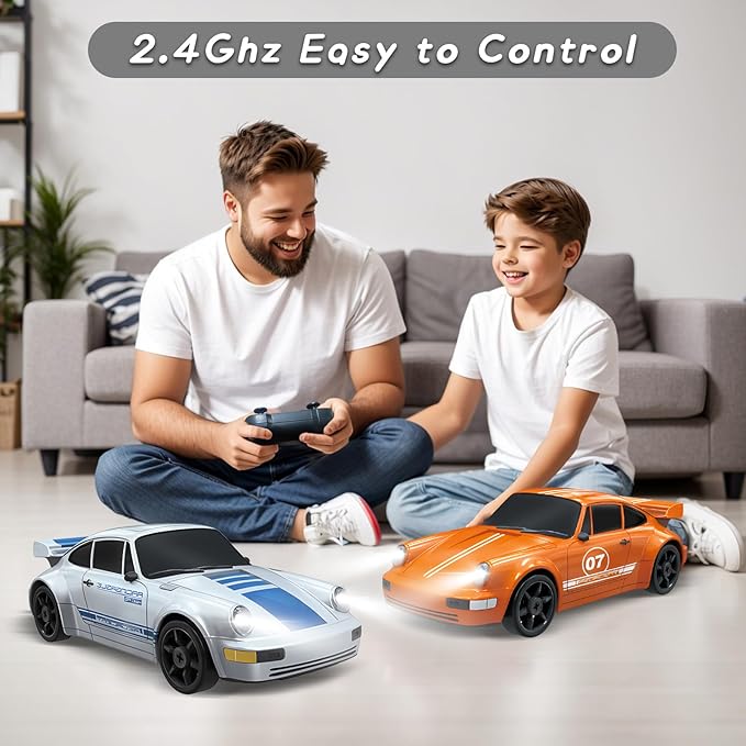 RC Drift Car, 2.4GHz Remote Control Car with LED Light, 1/24 4WD High Speed Drifting RC Cars with Two Rechargeable Batteries and Drift Tires, Toy Cars for Kids Adults, Silver