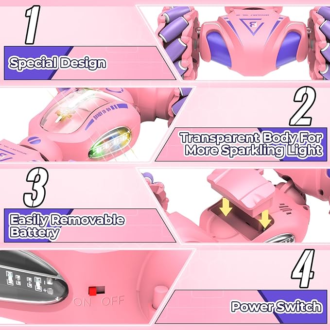 Pink Remote Control Car Toys Gifts for Girls 6-12, with Light & Music & Spray, 2.4Ghz 4WD Double-Sided 360° Rotating Gesture Sensing RC Stunt Car, Birthday for Girls Kids