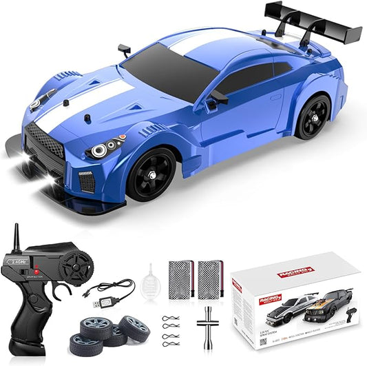 Remote Control Car RC Drift Car 1:16 Scale 4WD 18KM/H High Speed Model Vehicle 2.4GHz with LED Lights Spray Rubber Tire Racing Sport Toy for Adults Boys Girls Kids Gift 2Pcs Rechargeable Batteries