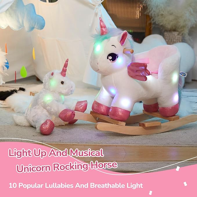 Glow Guards Light Up Musical Unicorn Baby Rocking Horse Set of 2 with Safety Belt White Unicorn Rocker Baby Rocking Chair Ride on Unicorn for Toddlers 1-3