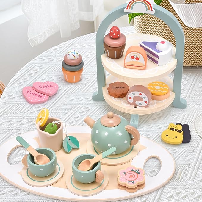 Atoylink Wooden Tea Party Set for Little Girls 28 Pcs Toddler Tea Set with Cupcake Stand & Food Pretend Play Accessories Kids Kitchen Playset Wooden Toys for 2 3 4 5 6 Year Old Girl Birthday Gift